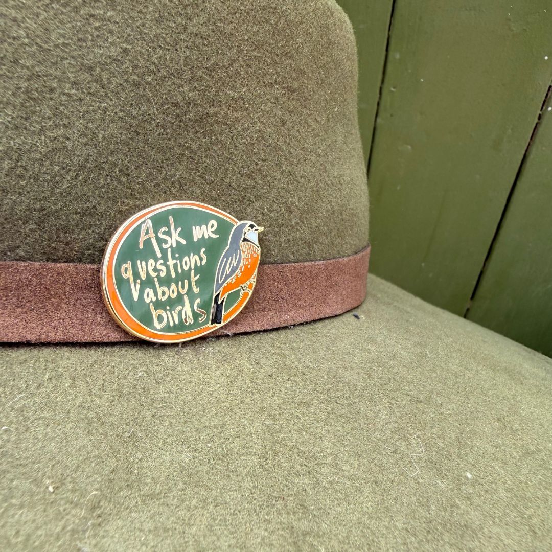 Ask me questions about birds -Rufous Whistler Enamel Pin