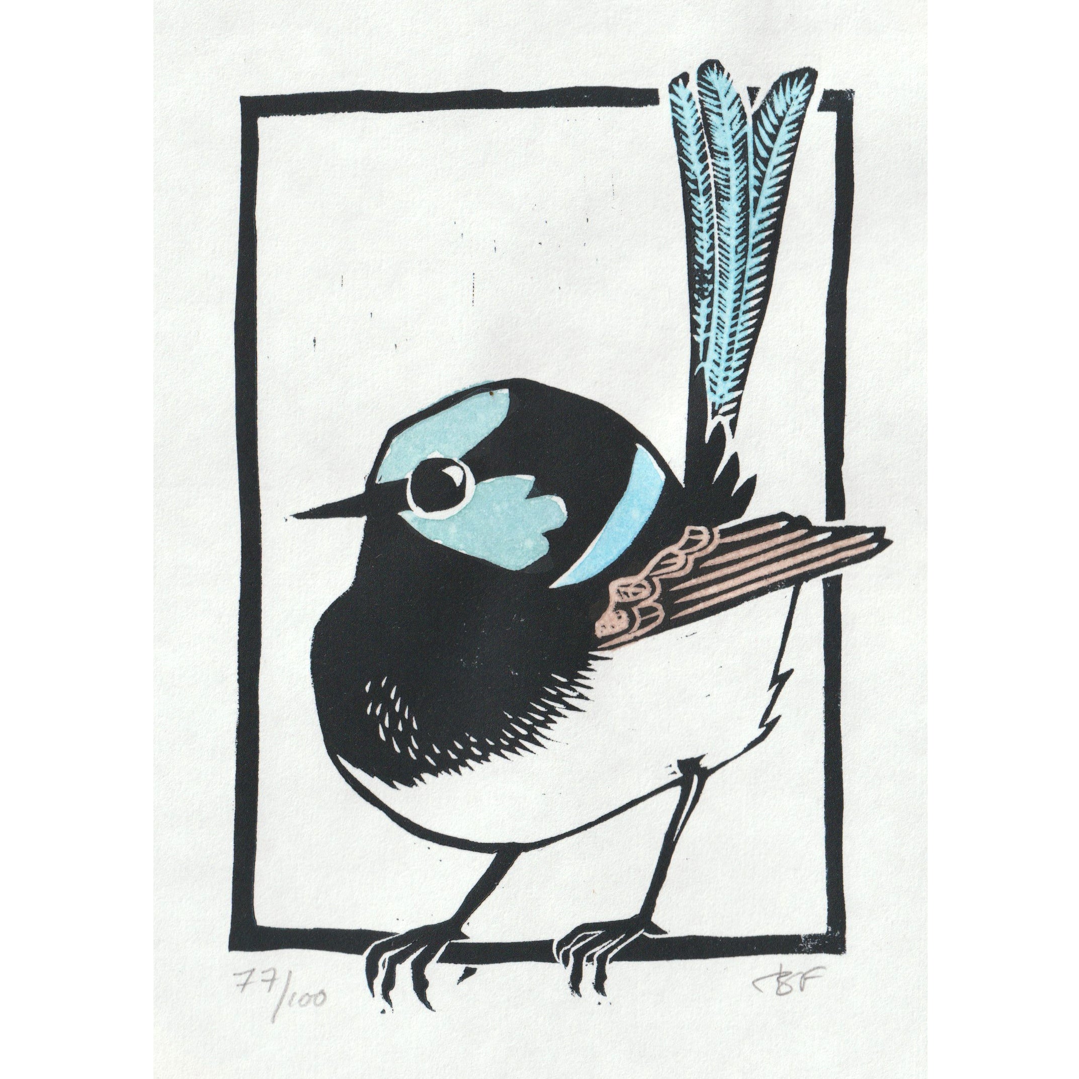 Handprinted Linoprint - Male Superb Fairywren