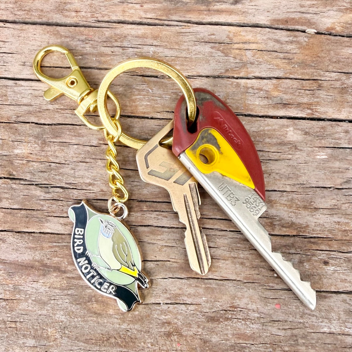 A gold-tone keyring with a lobster clasp, a small bird charm reading 'BIRD NOTICER,' and a set of keys including a red and yellow blade-shaped key on a rustic wood background.