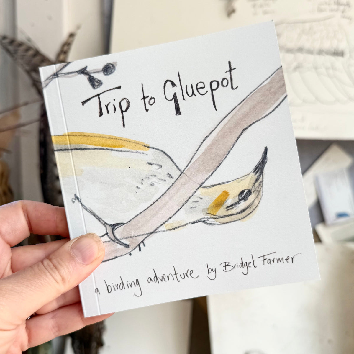 Book titled 'Trip to Gluepot' held by a hand with a bird illustration on the cover.
