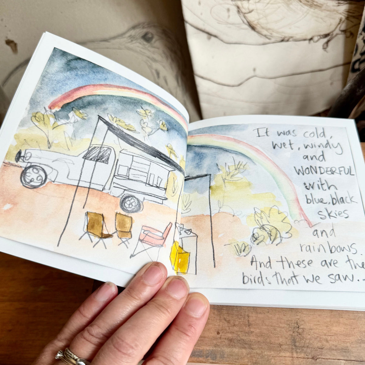 Open book with illustrations of a car and nature, held by a hand on a wooden surface.