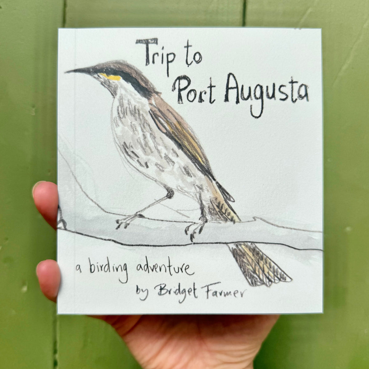 Book titled 'Trip to Port Augusta' with a bird illustration on a green background