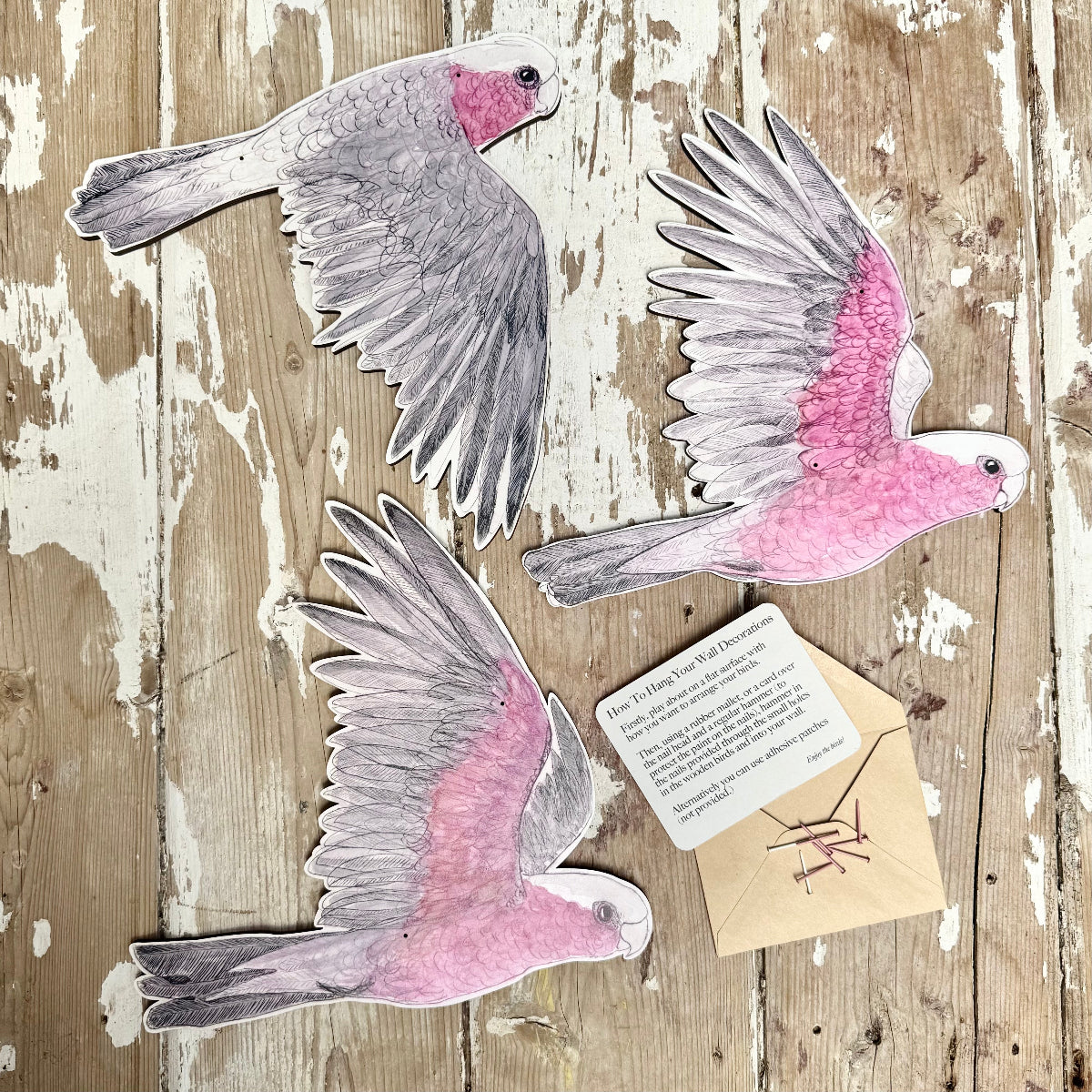 Three wooden wall decorations depicting Galahs with an envelope containing hanging instructions and pink and white nails.