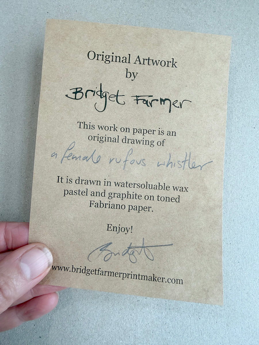 Card with text about an artwork by Bridget Farmer on a gray background