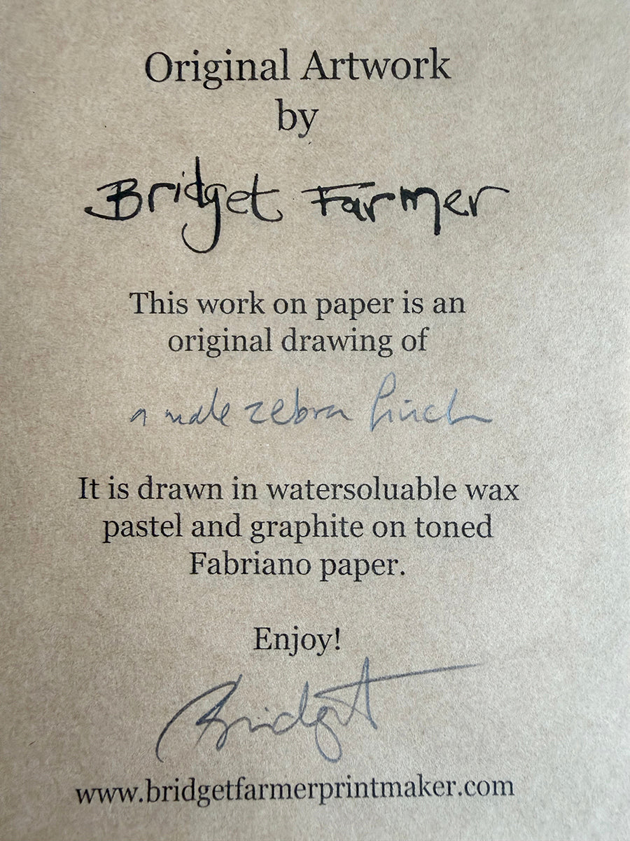 Certificate of authenticity for artwork by Bridget Farmer on a textured paper background