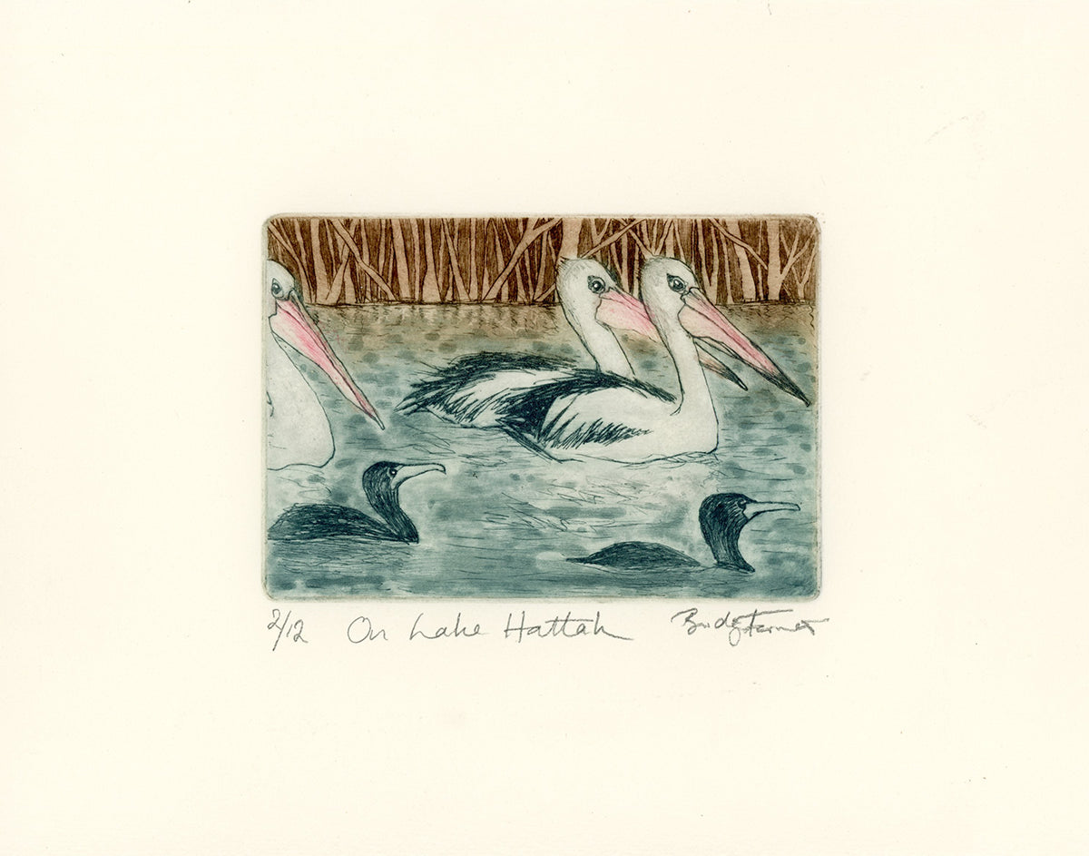 Artistic depiction of pelicans in a natural setting with trees and water.