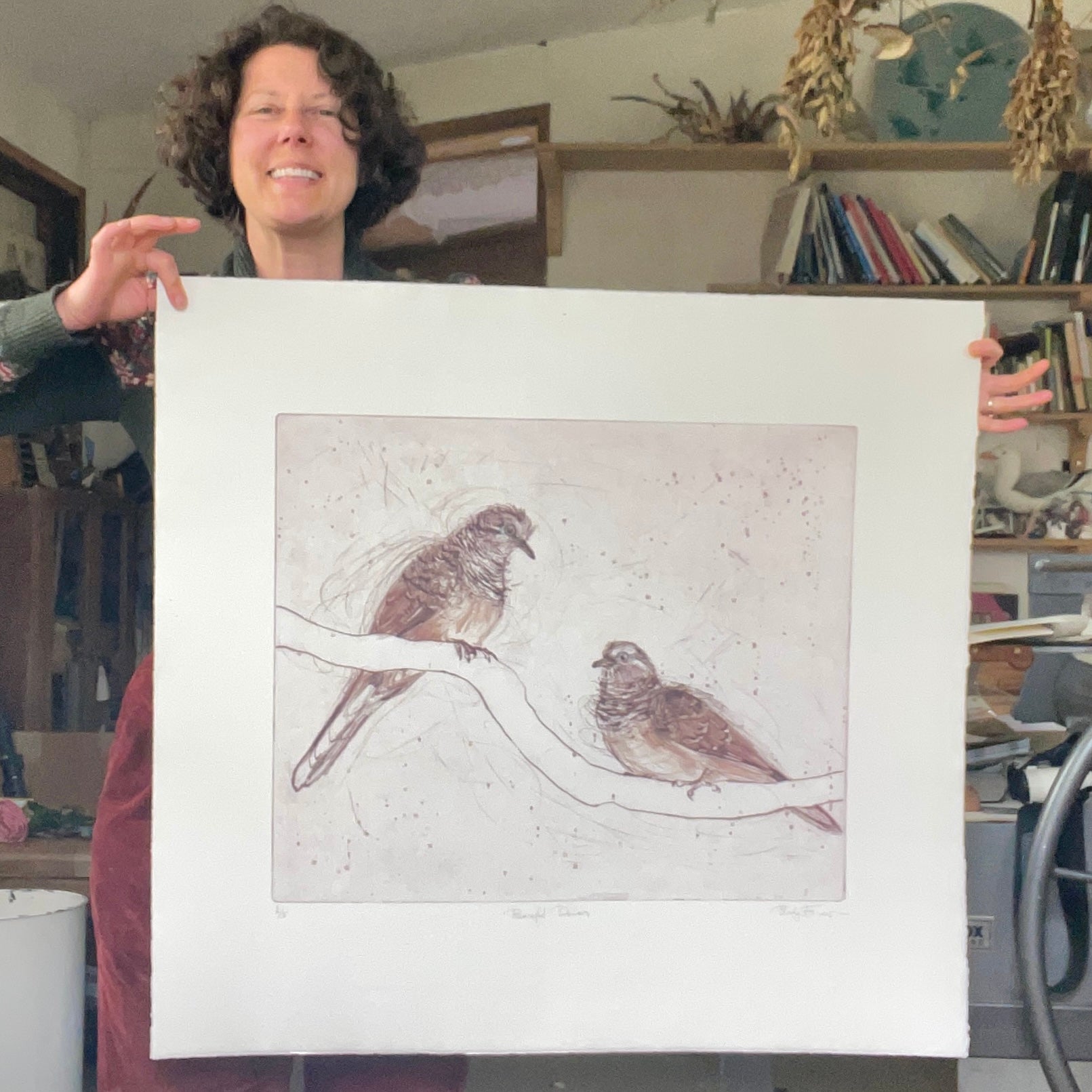 Original Drypoint Etching - Peaceful Doves