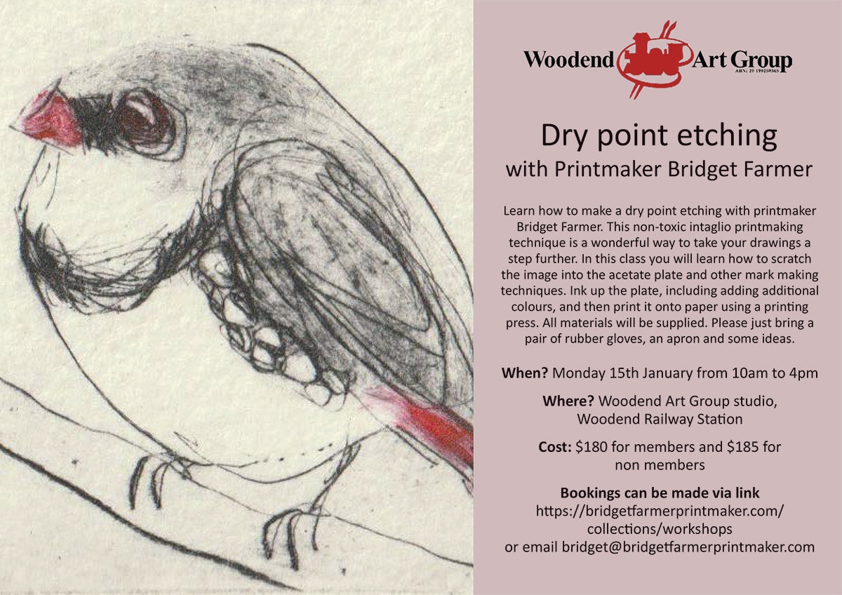 Printmaking Workshop - Drypoint Etching in WOODEND Monday 15th Jan 2024