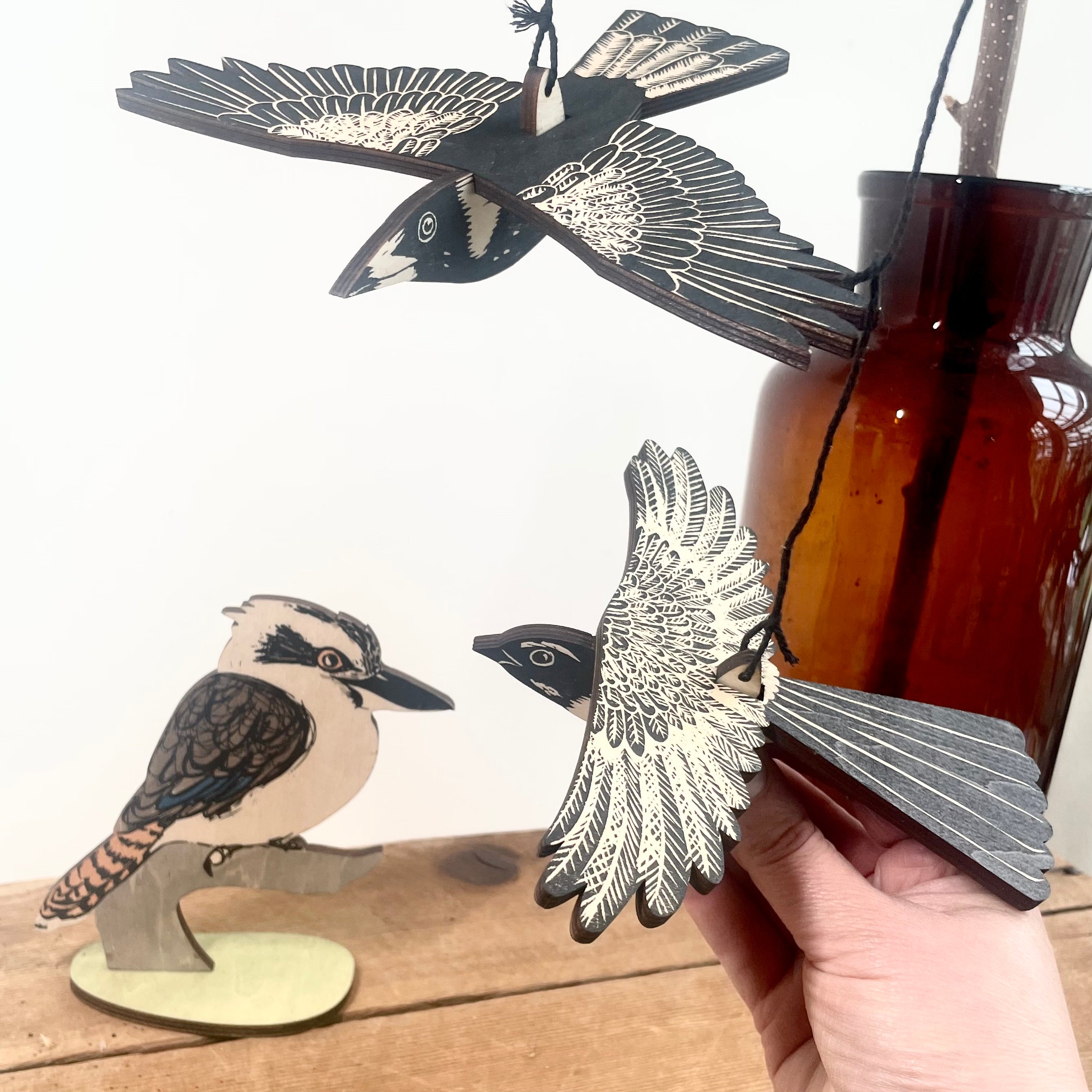 Backyard Bird Bundle - magpie and wagtail mobiles and kookaburra standing bird, three of Australia's favourite birds