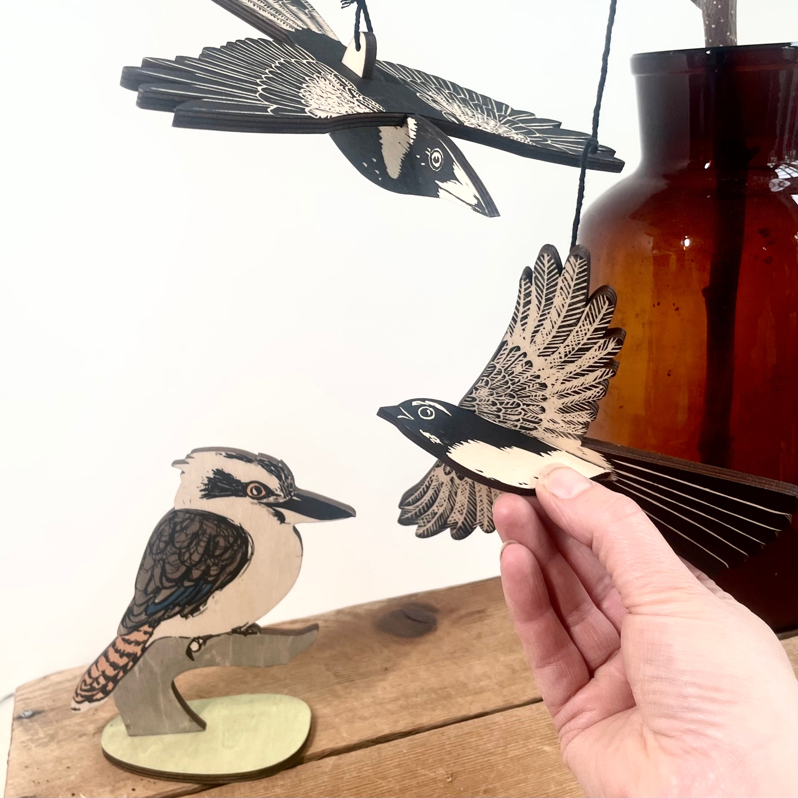 Backyard Bird Bundle - magpie and wagtail mobiles and kookaburra standing bird, three of Australia's favourite birds