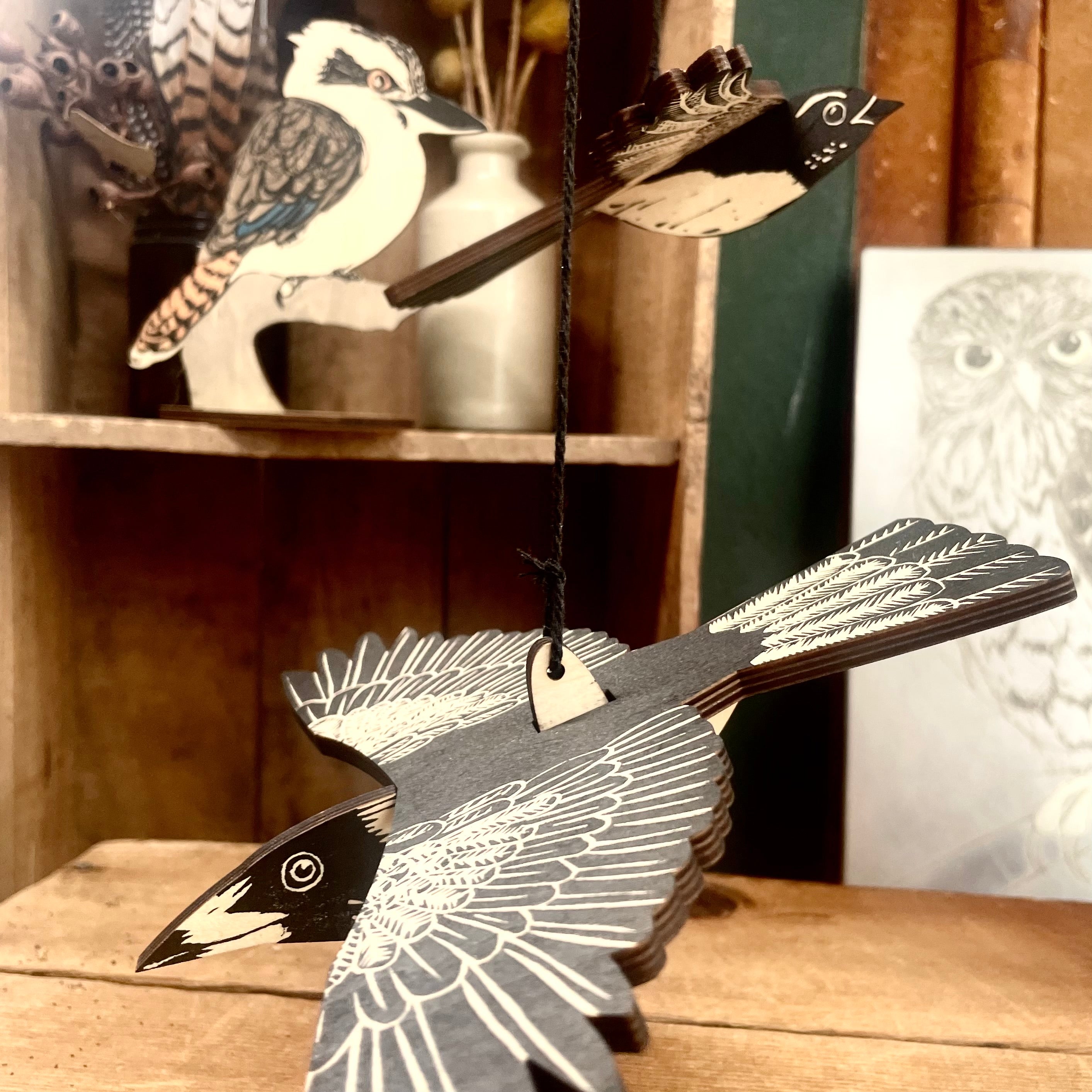 Backyard Bird Bundle - magpie and wagtail mobiles and kookaburra standing bird, three of Australia's favourite birds