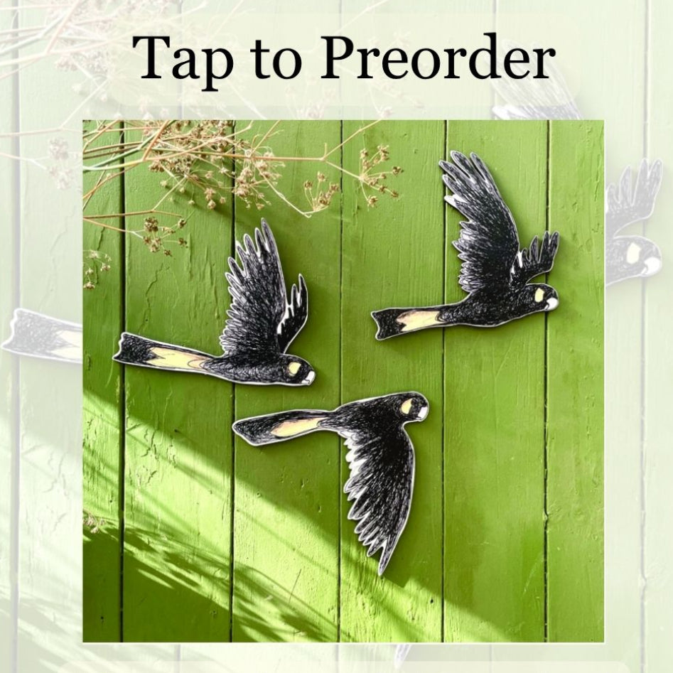 Decorative metal birds on a green wooden background with text 'Tap to Preorder' 