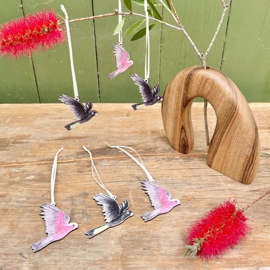 Mixed flock! Three Yellow-tailed Black Cockatoo & Three Galah Christmas Ornaments