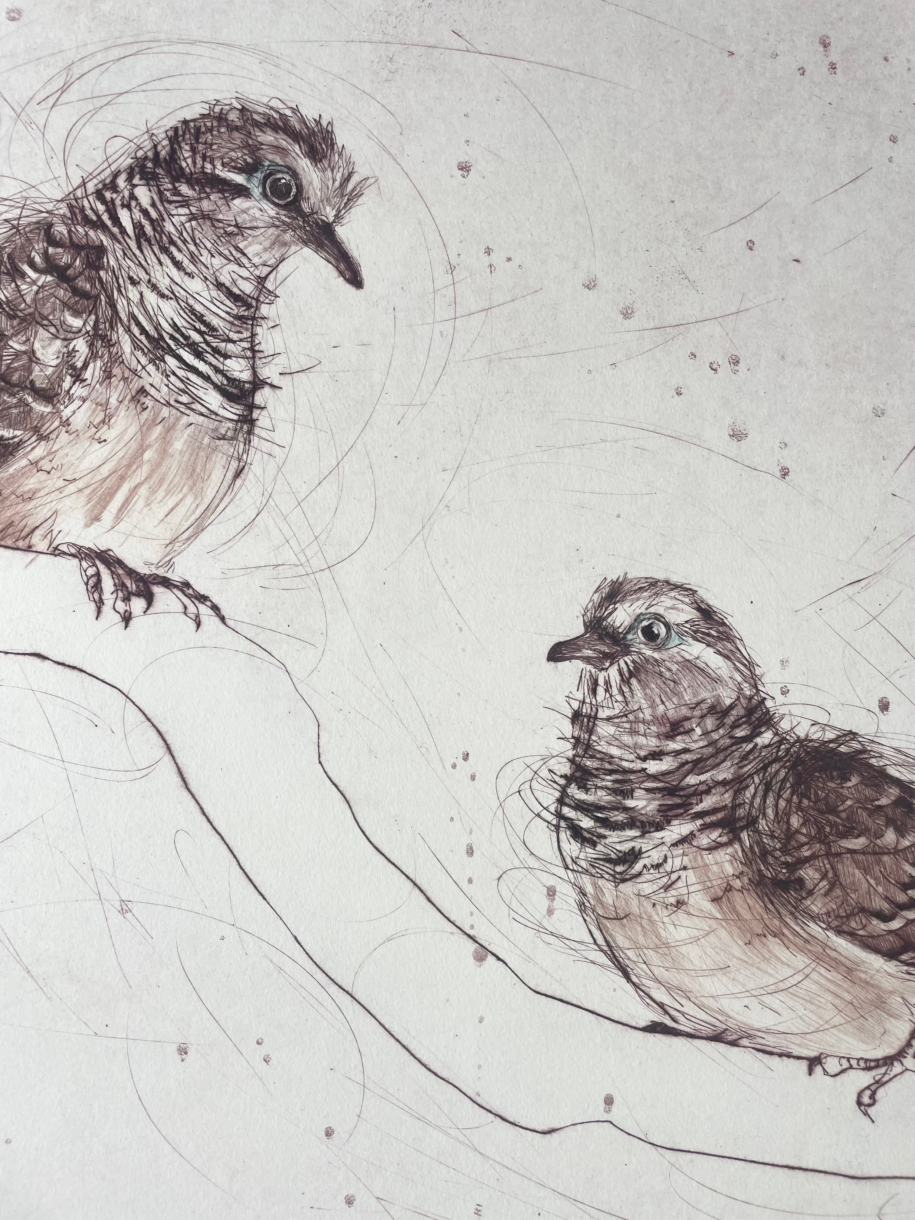 Original Drypoint Etching - Peaceful Doves