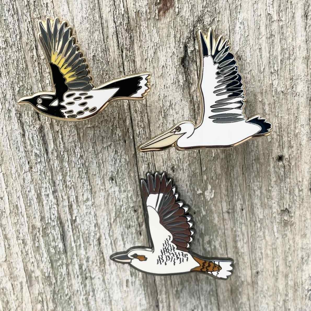 pelican kookaburra new holland honeyeater in flight pins on wood