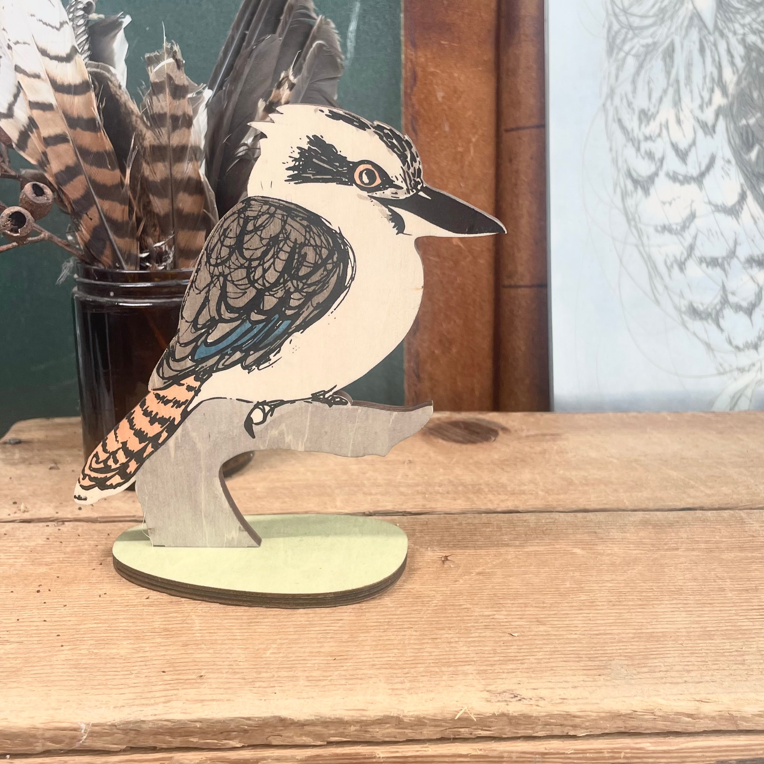 Backyard Bird Bundle - magpie and wagtail mobiles and kookaburra standing bird, three of Australia's favourite birds