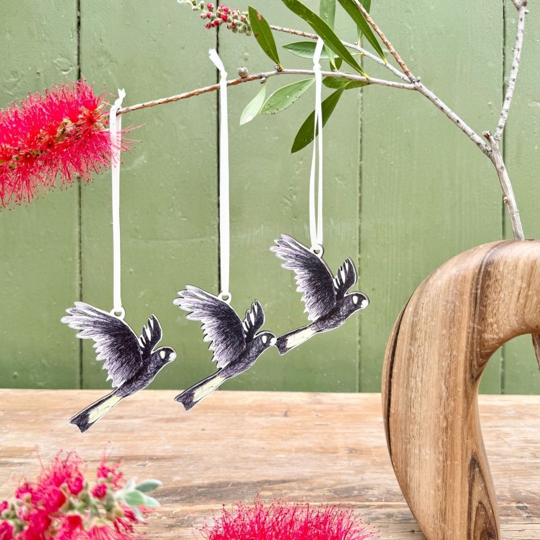 Three Yellow-tailed Black Cockatoo Christmas Ornaments