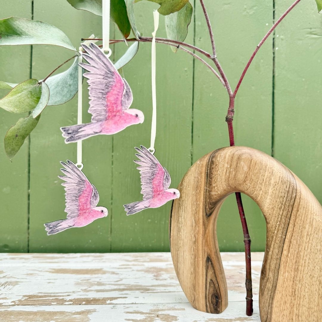 Mixed flock! Three Yellow-tailed Black Cockatoo & Three Galah Christmas Ornaments