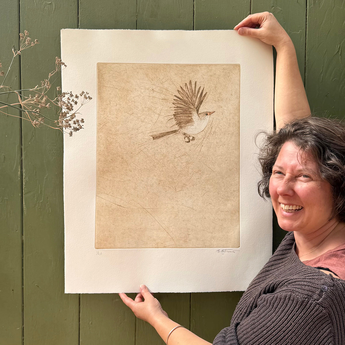 Original Drypoint Etching - Fairywren Flight (skewiff))