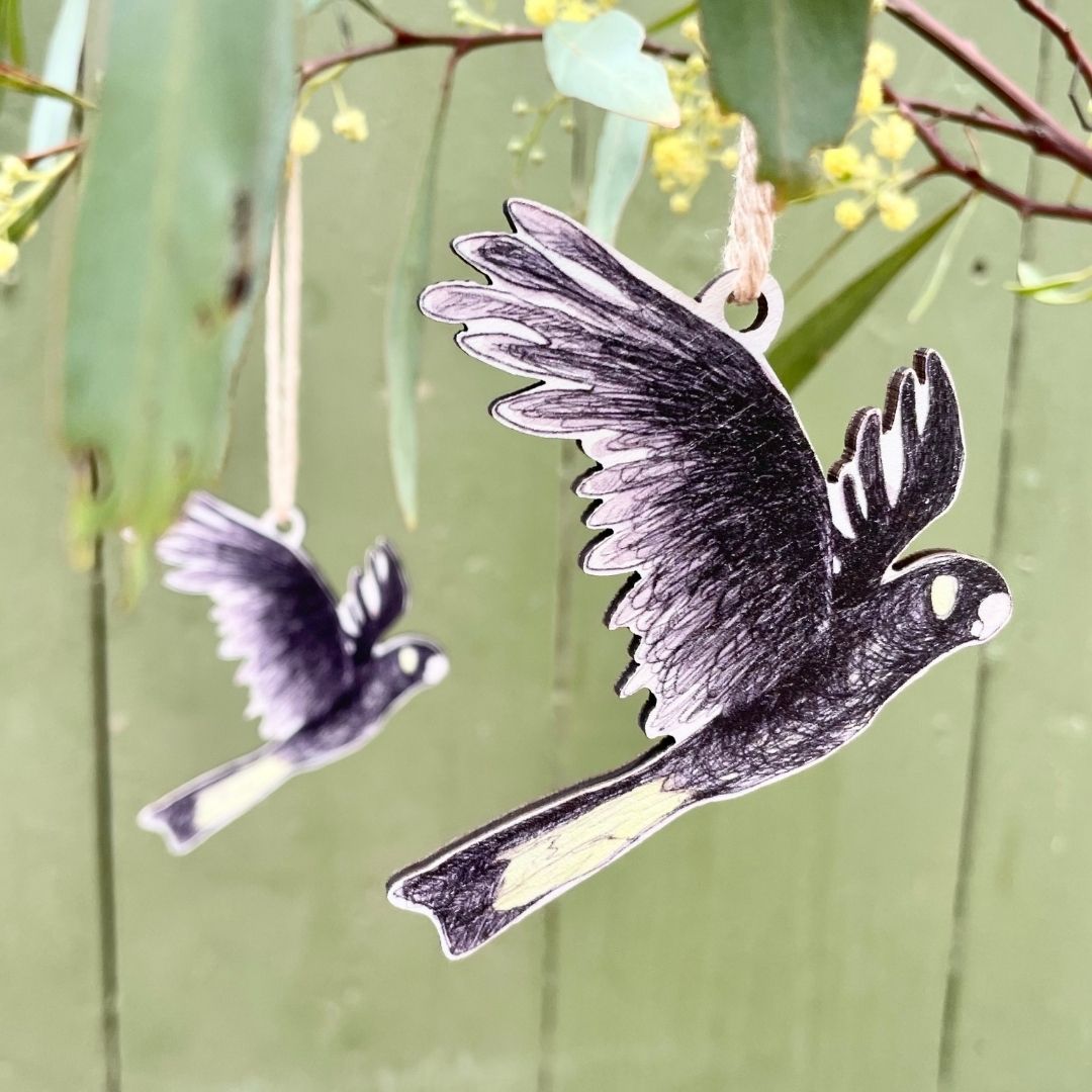 Six Yellow-tailed Black Cockatoo Christmas Ornaments