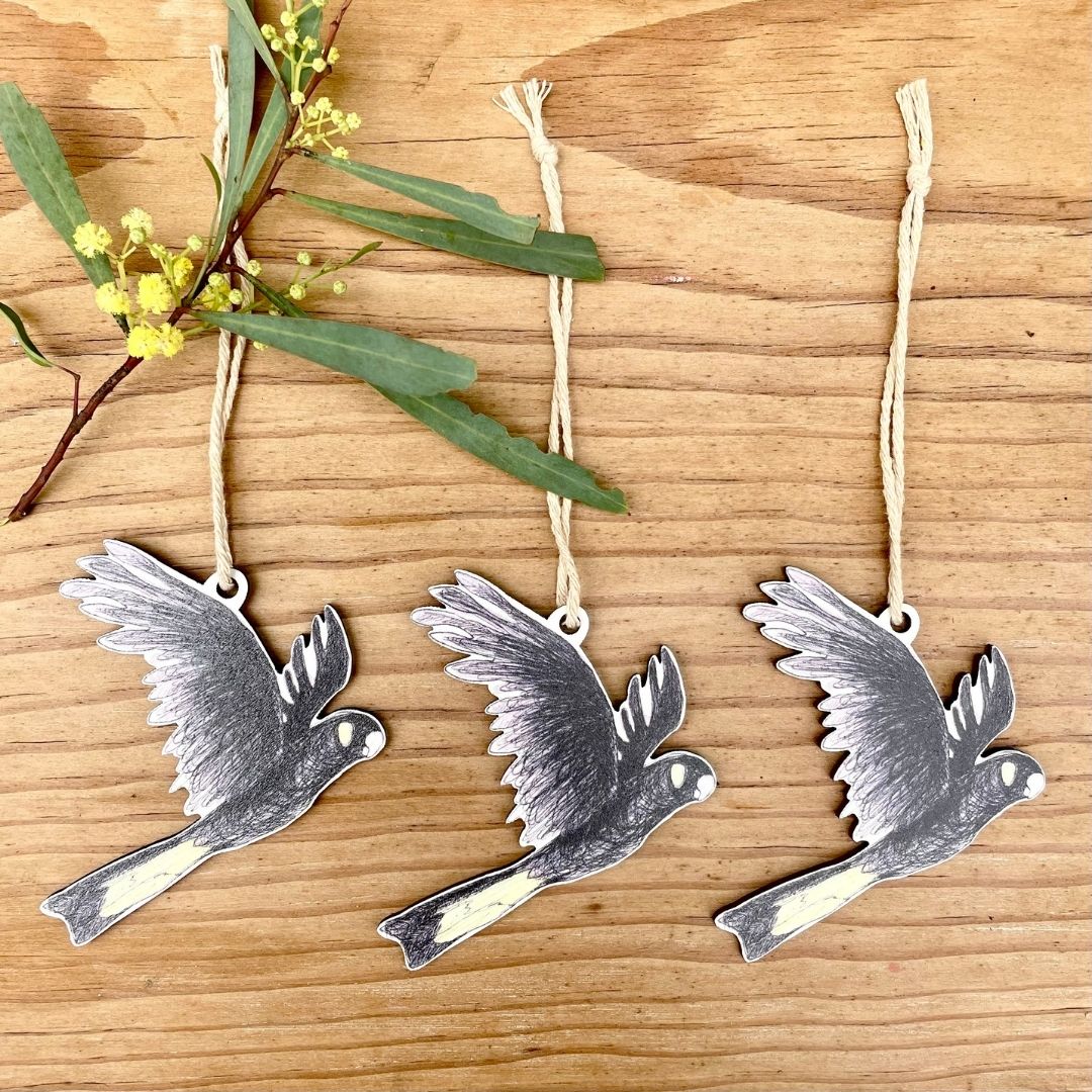 Three Yellow-tailed Black Cockatoo Christmas Ornaments