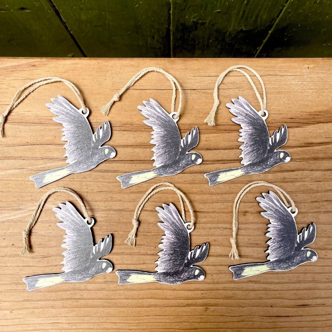 Six Yellow-tailed Black Cockatoo Christmas Ornaments