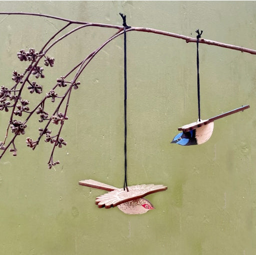Two colorful mobiles depicting male and female superb fairywrens hanging against a green background.